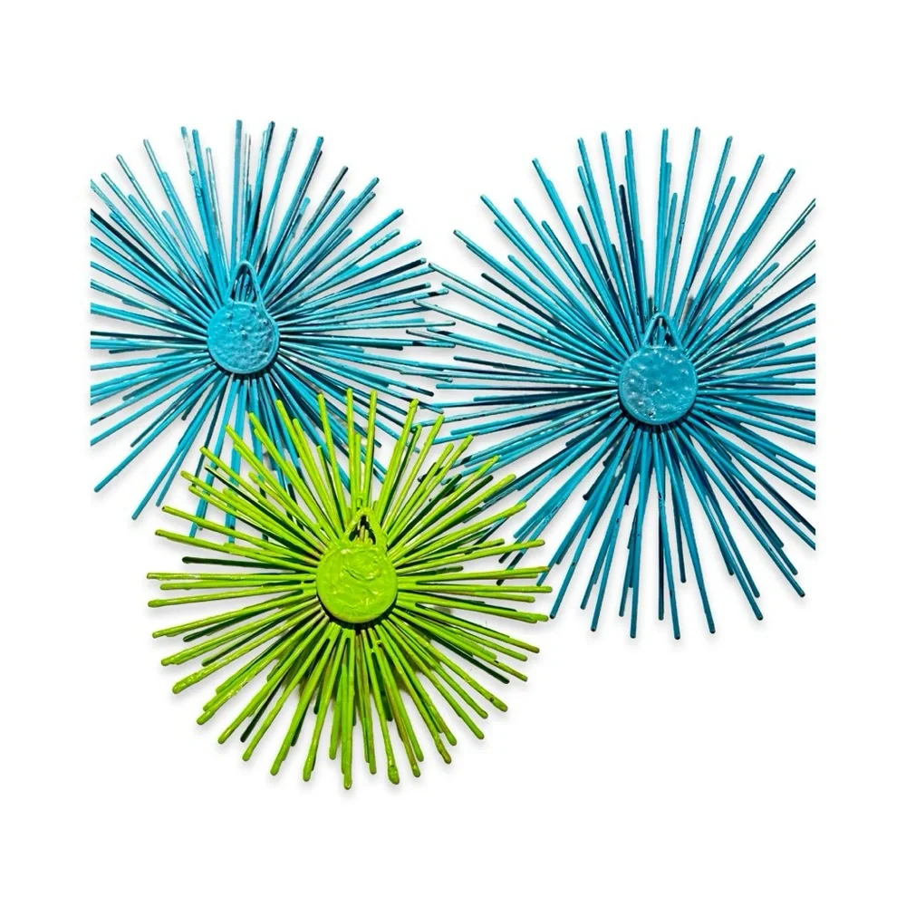 3 Vibrant Blue and Green Metal Sea Urgents Starbursts Wall Decor 60’s style
